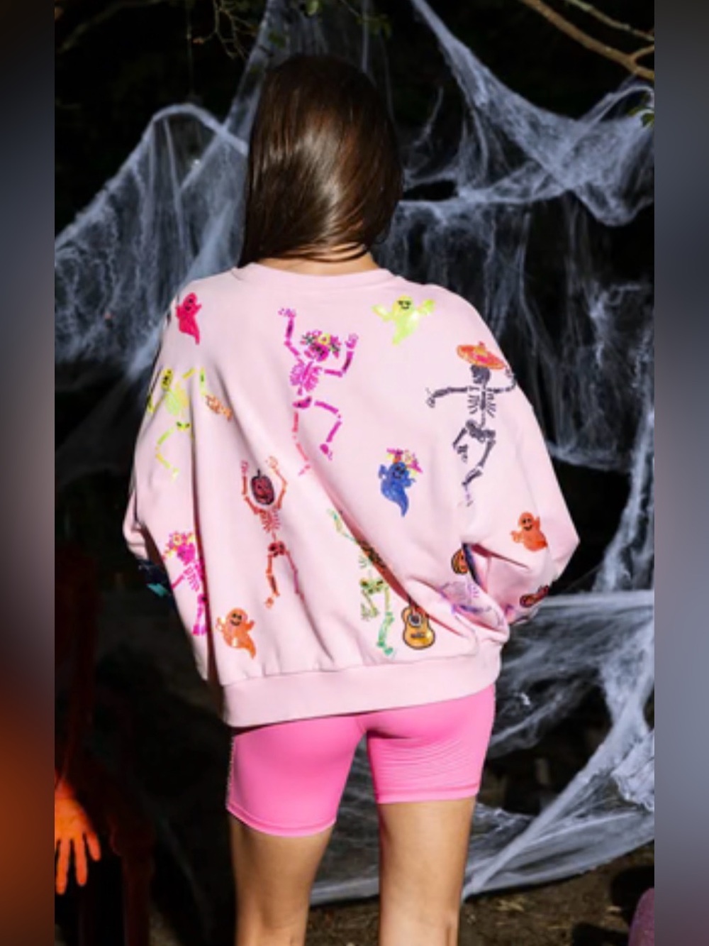 New! QUEEN OF SPARKLES Pink Neon Sequin Disco Skeleton Sweatshirt - Picture 10 of 12